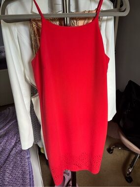 Banana Republic Red/Orange Sleeveless Laser-Cut Hem Dress
